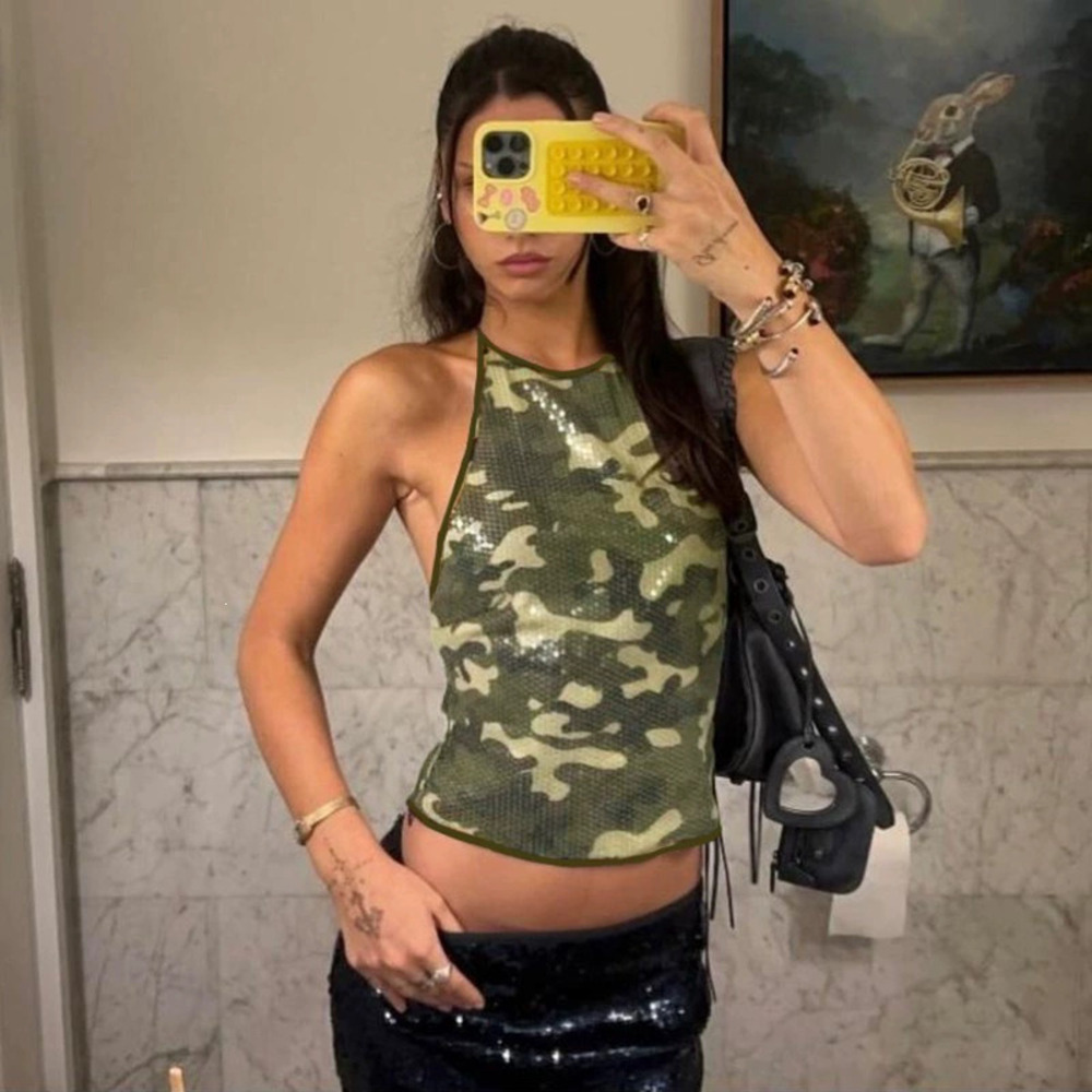 Zara Summer Camo Print Sequins Halter Neck Backless Tank Top